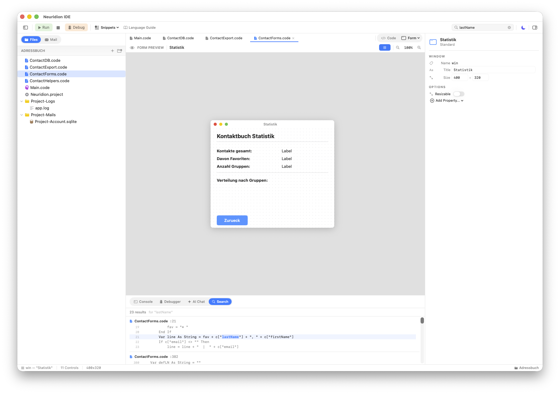 Statistics dialog example