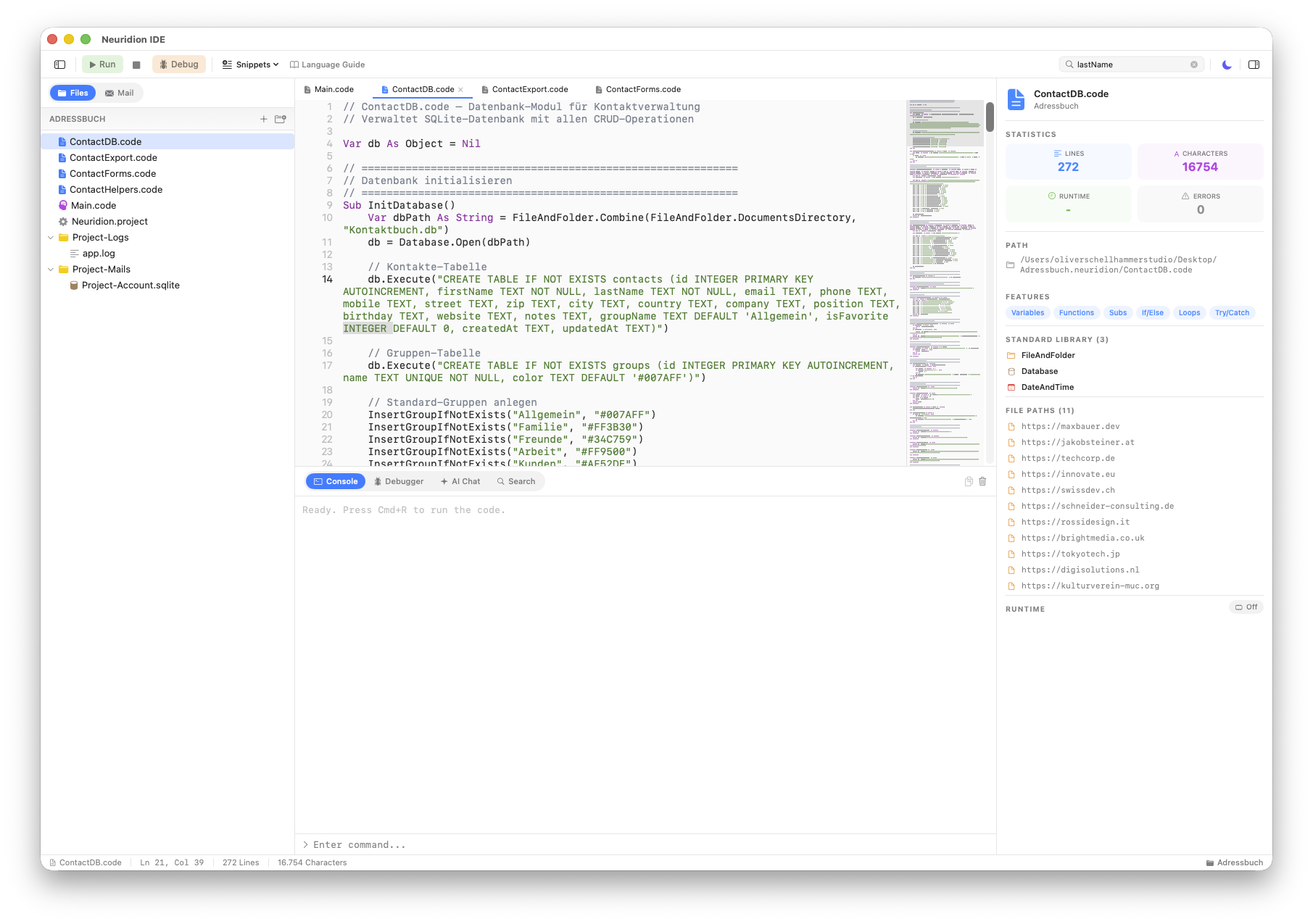 IDE with console output after running code